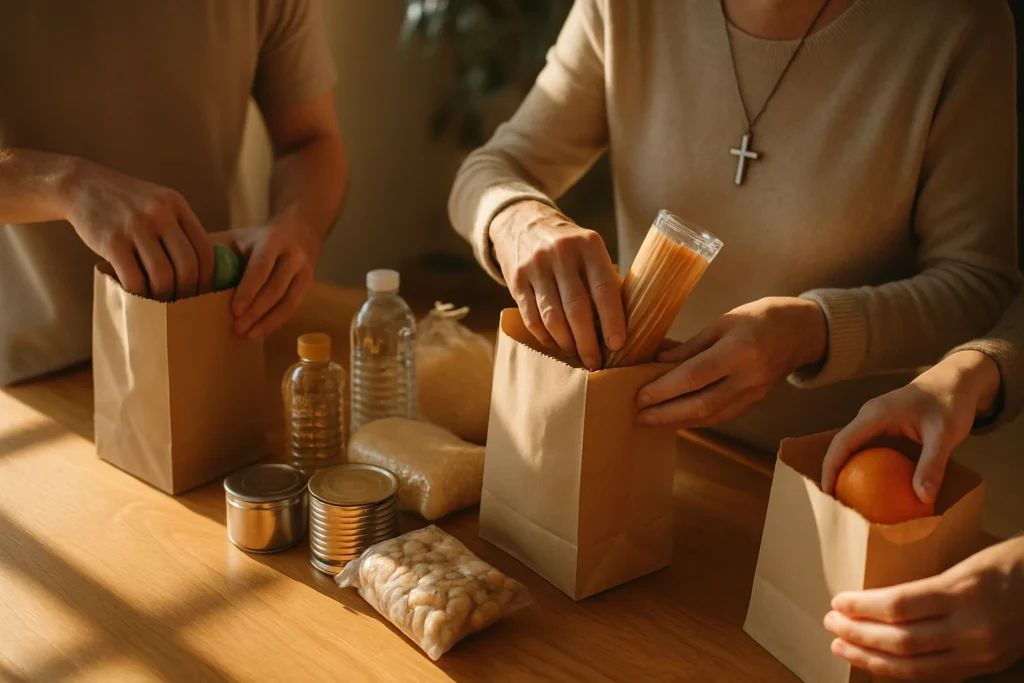 Hands preparing care packages for Salt Life Revival Church outreach signup page.