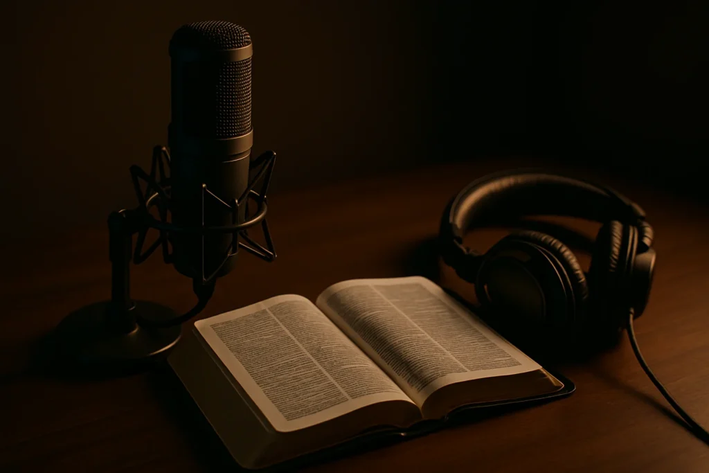 Podcast microphone and open Bible for Salt Life Revival Church podcast page.