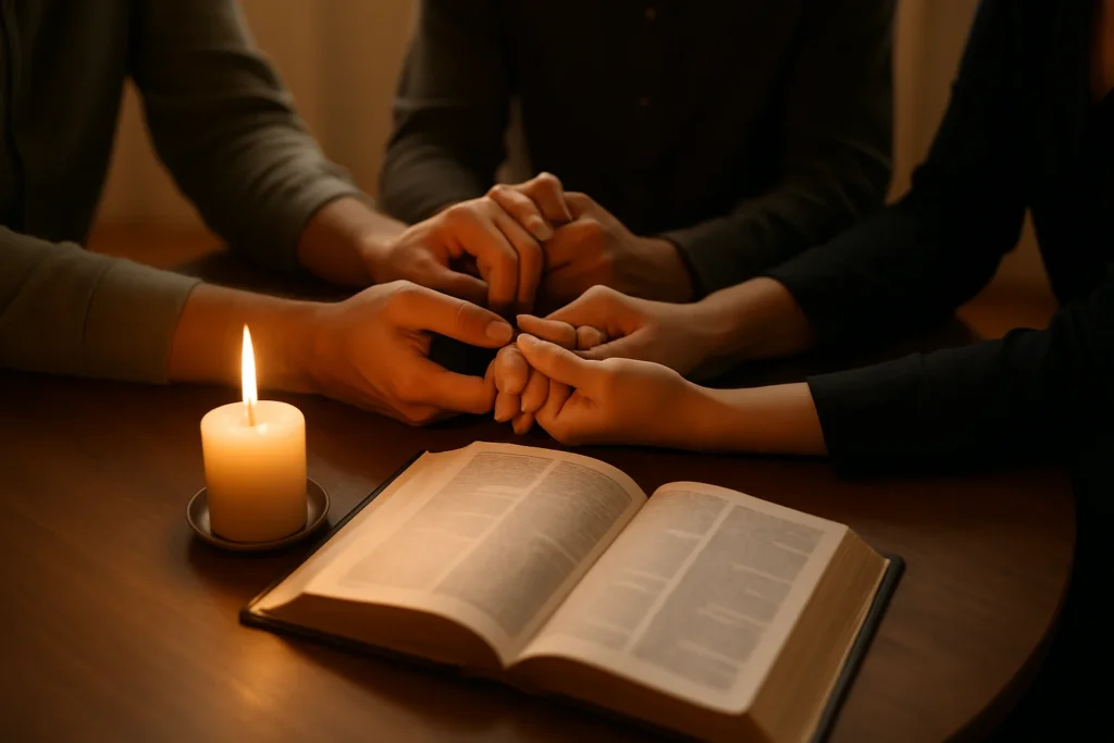Prayer group moment around an open Bible for Salt Life Revival Church prayer group signup page.