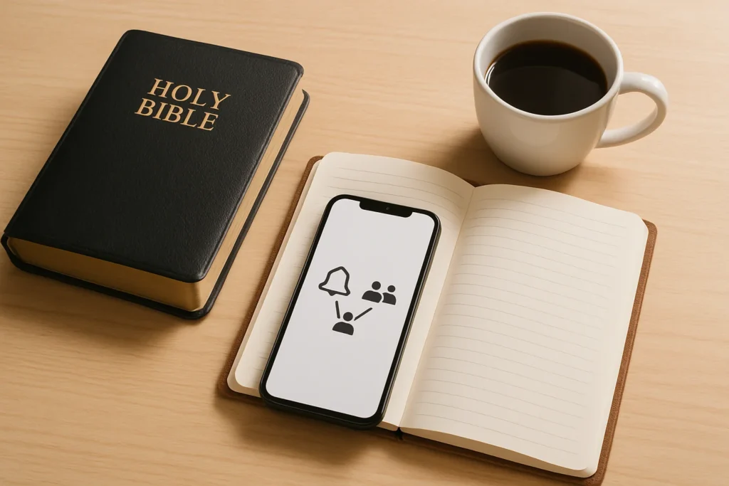 Bible, notebook, and phone for Salt Life Revival Church stay in touch page.